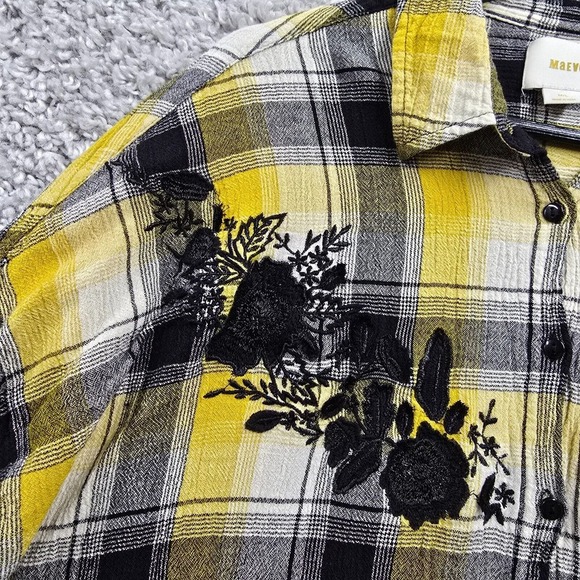 Maeve Shirt Women M/L Yellow Plaid Button Up Embroidered 3/4 Sleeve Flowers Boho - Picture 4 of 14